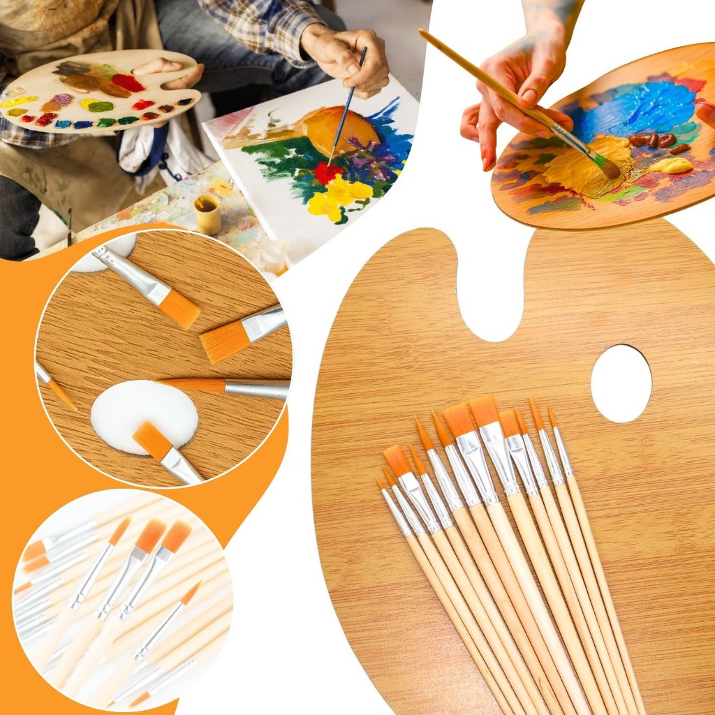 Kit 12 Pincéis Artesanato Artes Pintura de Rosto Guache Pontas Fina e Chata + Paleta de Madeira em Oferta na Shopee