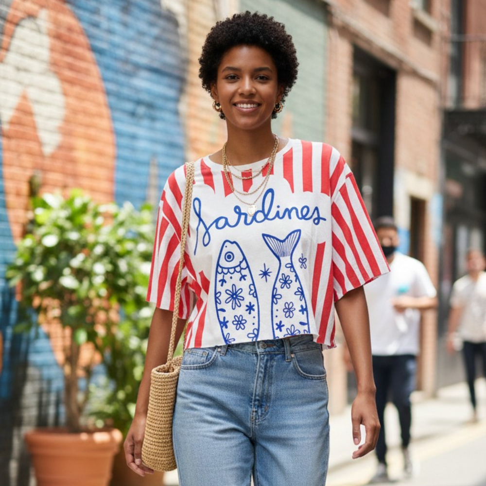 Cropped Listrado Oversized Arte Sardines Casual 100% Algodão em Oferta na Shopee