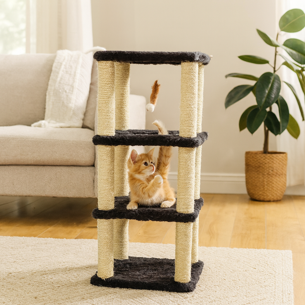 Torre Arranhador Gato com  4 Andares com Sisal Pelúcia Com Brinquedo