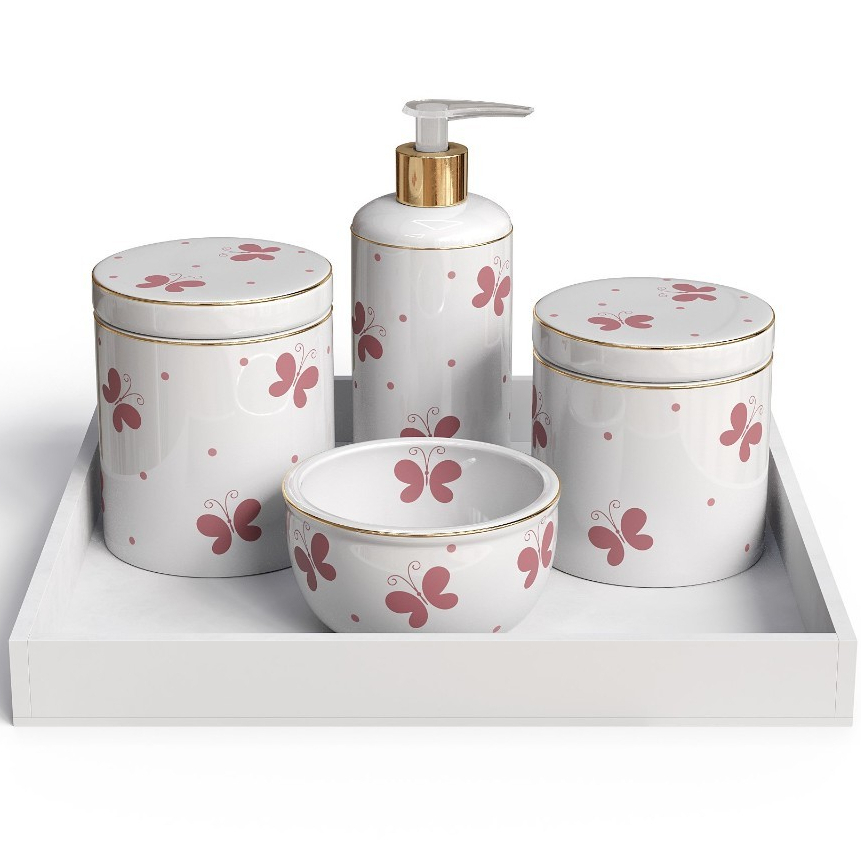 Kit 4 Pecas Higiene Filete Ouro Em Porcelana Borboletas