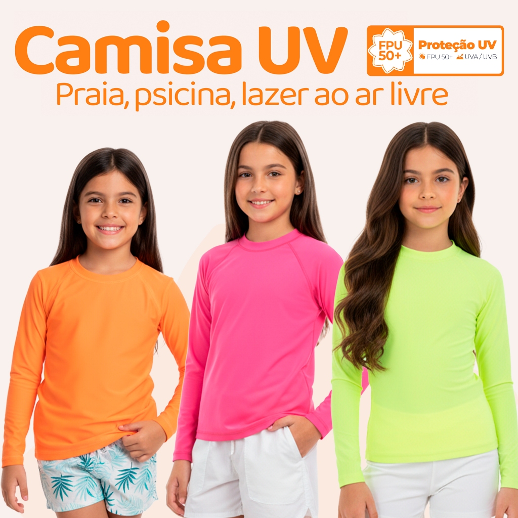 Blusa UV Termica Infantil Menina Proteção Solar Moda Praia Feminina Verão Escolha Sua Cor Preferida l06 em Oferta na Shopee