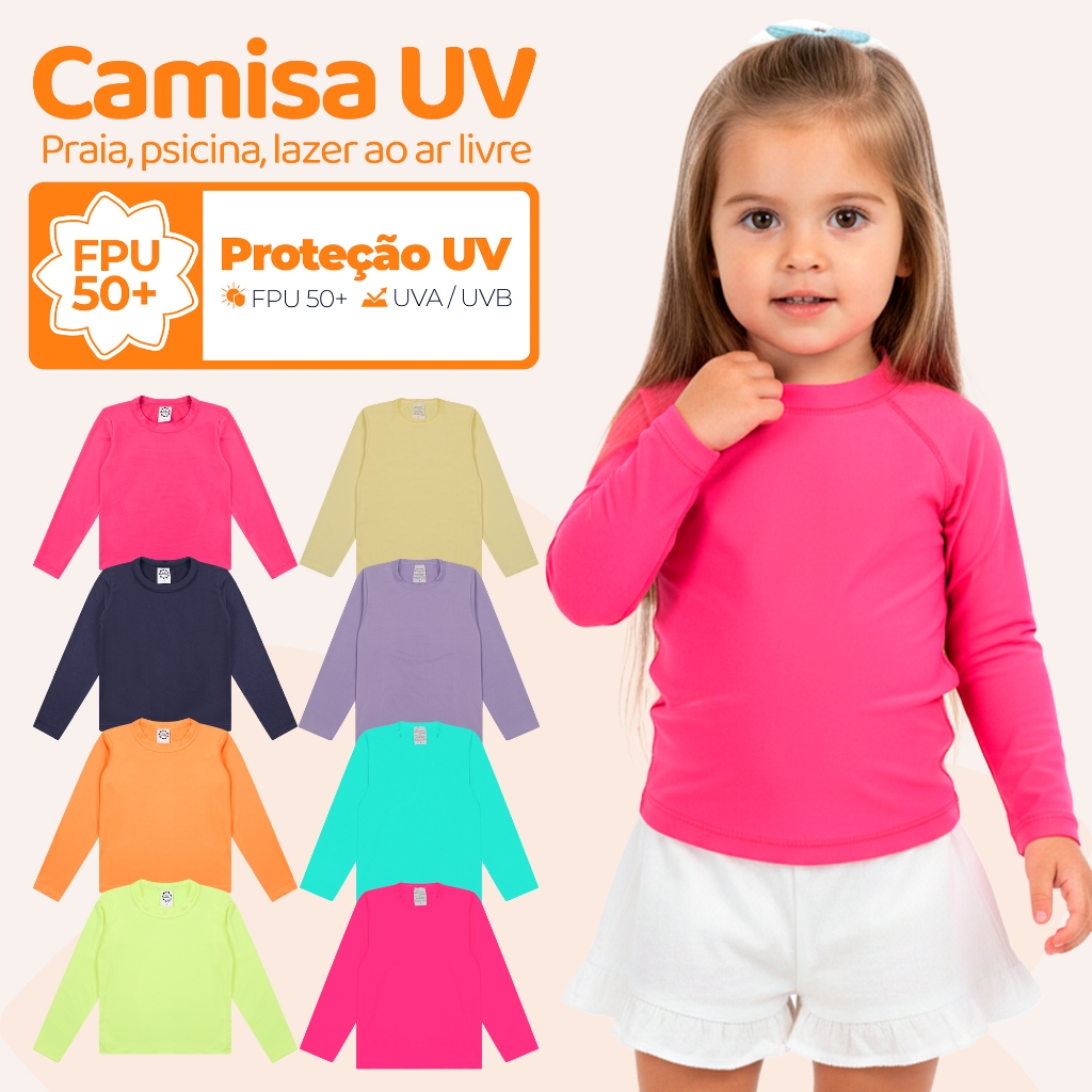 Kit 1, 2, 3 ou 4 Blusa Termica Bebe Menina Proteção Solar Moda Praia Manga Longa Feminina Infantil Calor Verão