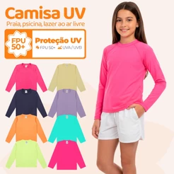 Kit 2, 3 ou 4 Camiseta Termica Infantil Menina Proteção Solar Moda Praia Feminina Manga Longa