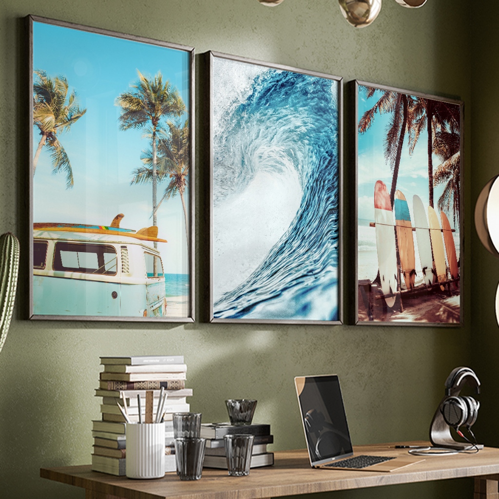 Quadros Decorativos com Moldura Sala Quarto Kit 3 Paisagem Tropical Vintage Praia Surf Kombi Azul