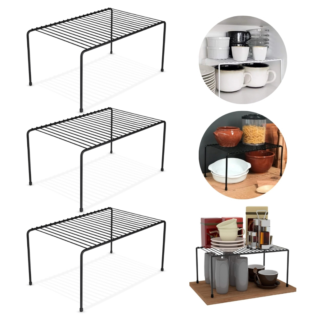 Kit 3 Organizador de Cozinha Rack Prateleira Suspensa Suporte Armário Multiuso 32cm Preto Envio FULL