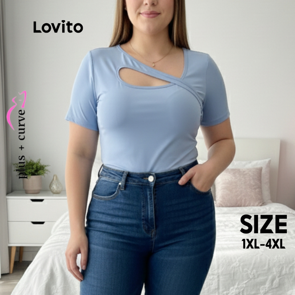 Lovito Camiseta Feminina Plus Size Casual Lisa LB860BRL890 em Oferta na Shopee
