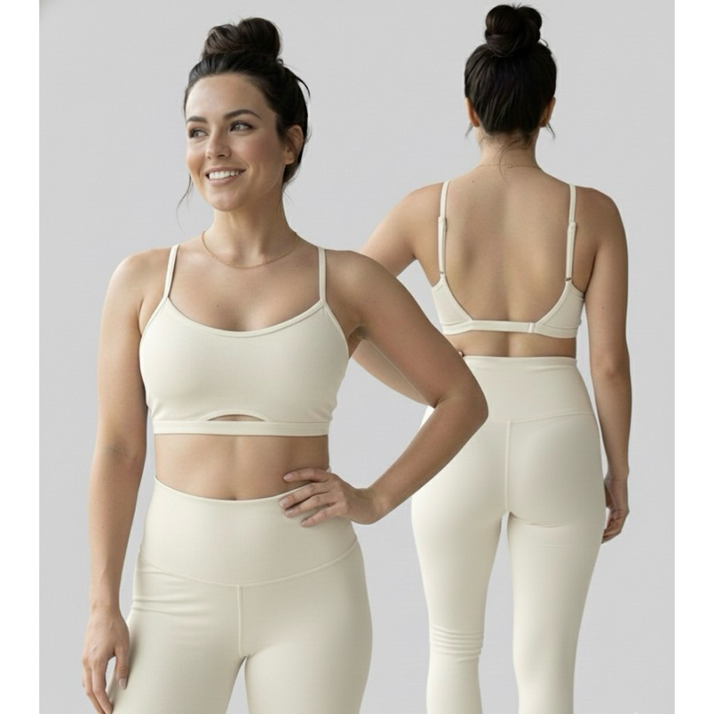 Conjunto fitness micro canelado meia lua top com bojo removível + calça legging, compressão UV50+