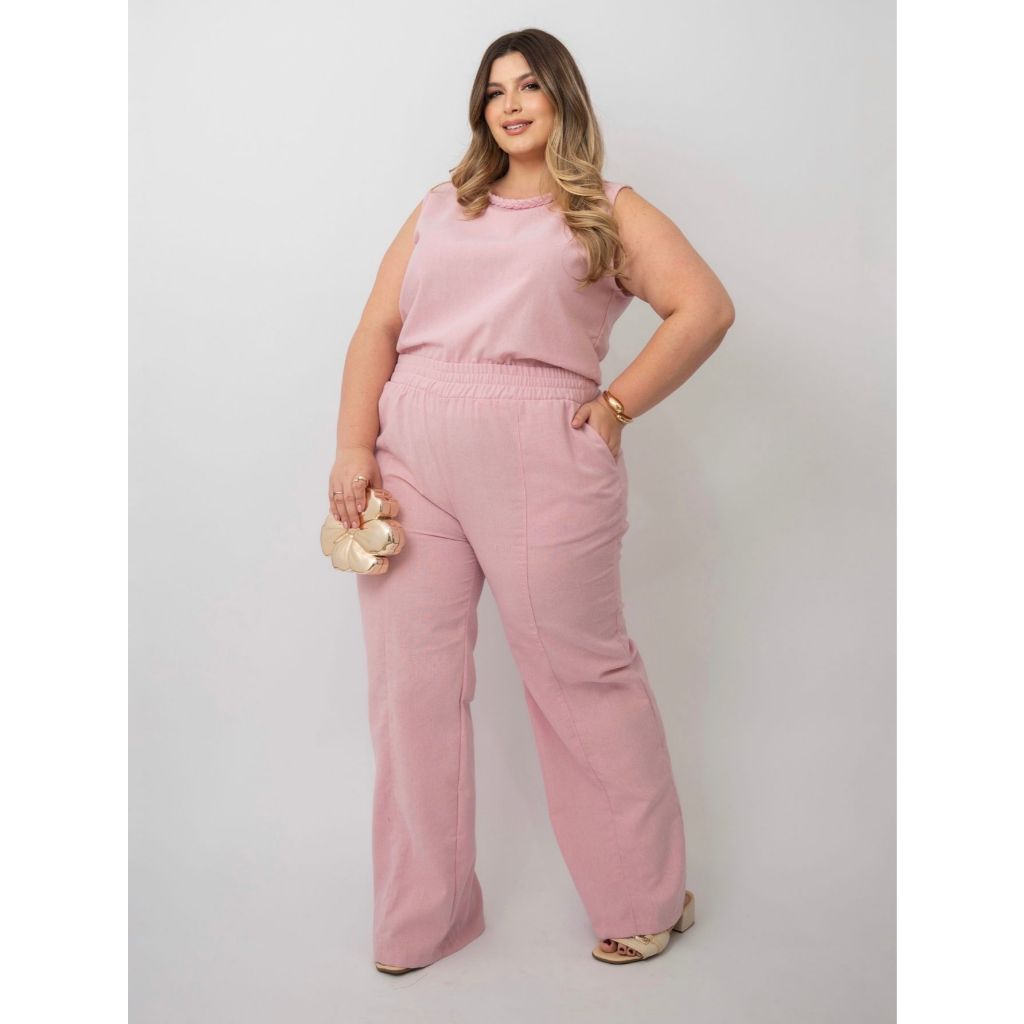 Conjunto Plus Size Feminino Linho Regata e Calça Pantalona em Oferta na Shopee