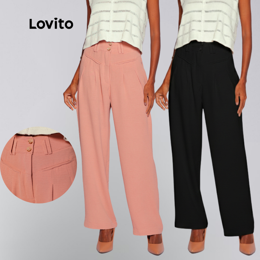 Lovito Calça Alfaiataria Botão Duplo Bolsos Feminina Reta Duna BRL1195 em Oferta na Shopee