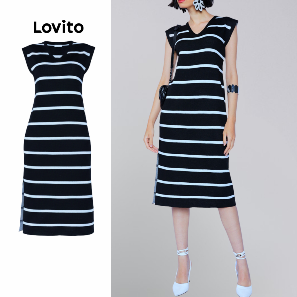 Lovito Vestido Listrado Midi Fenda Moda Casual Feminino LB810BRL840 em Oferta na Shopee