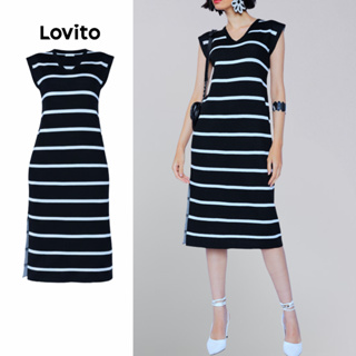 Lovito Vestido Listrado Midi Fenda Moda Casual Feminino LB810BRL840 em Oferta na Shopee
