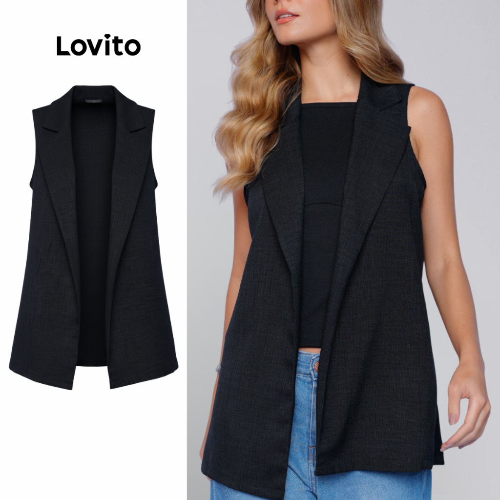 Lovito Colete Alfaiataria Preto Casual Moda Trabalho Basico Feminino LB1155BRL1185 em Oferta na Shopee