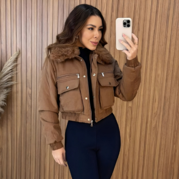 Jaqueta Puffer Sarja Cropped  Forrada com Capuz Removível em Oferta na Shopee