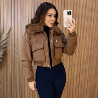 Jaqueta Puffer Sarja Cropped  Forrada com Capuz Removível em Oferta na Shopee