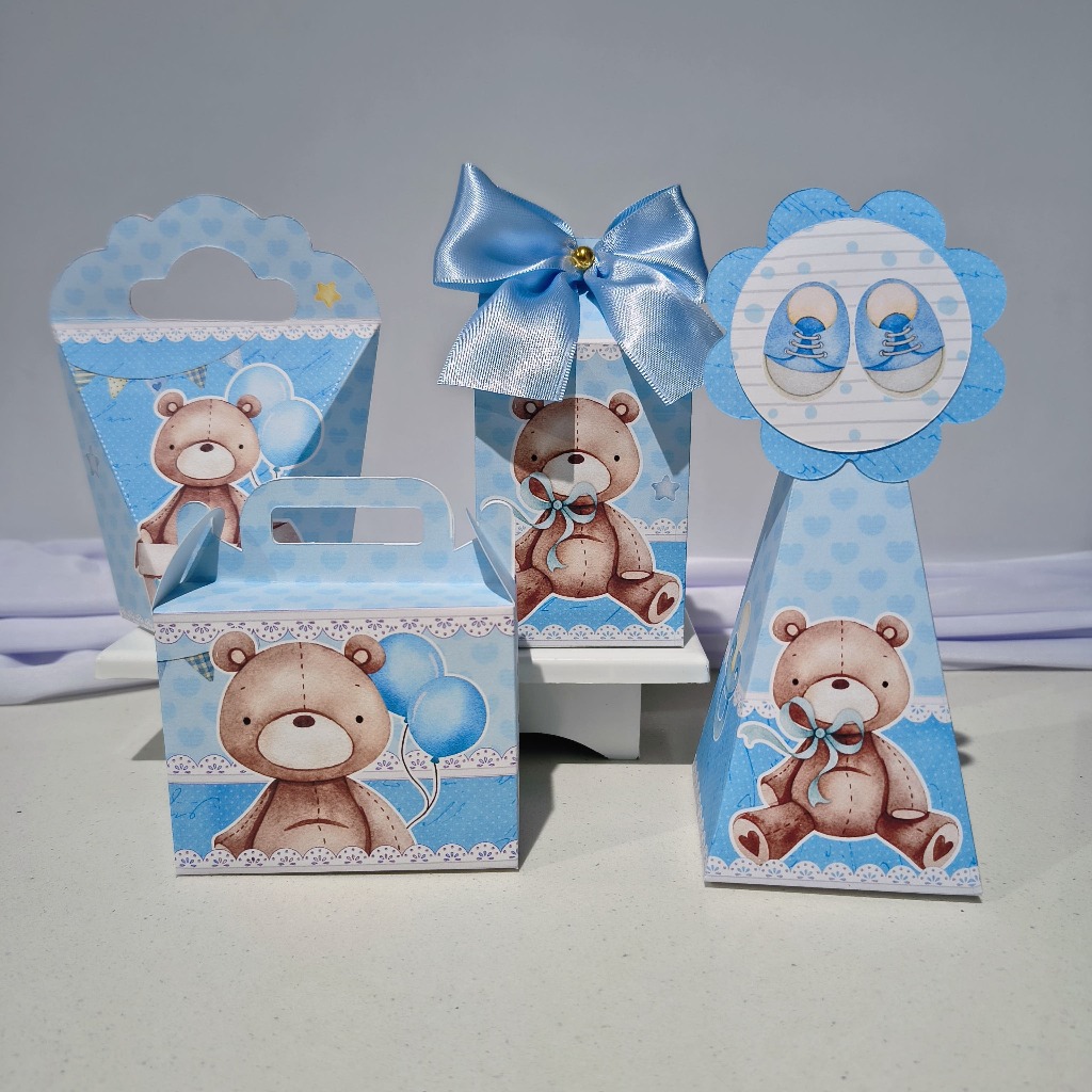 Kit Caixas Personalizadas chá de bebê Ursinho azul para Lembrancinha - Vai Montada - chá de fraldas/ chá revelação