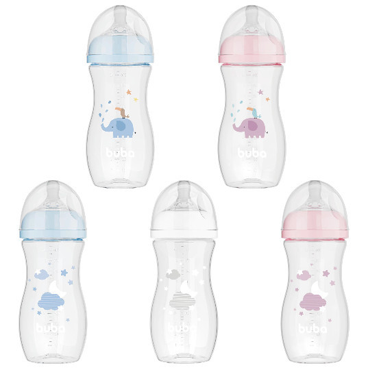 Mamadeira Anticólica Easy Flow Buba 330 ml, Nuvem ou Elefante, Bico Confortável e Sedoso