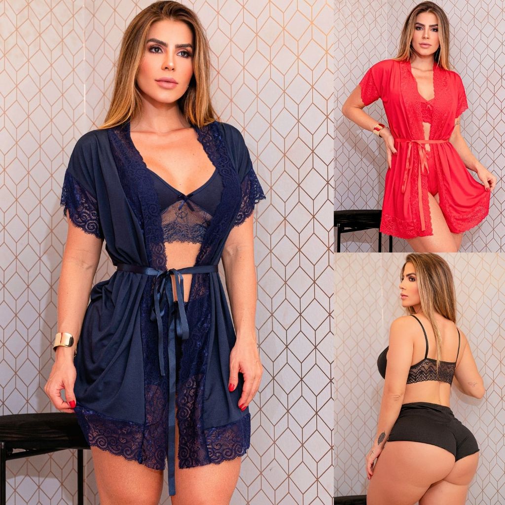 Conjunto Pijama Provocante Curtinho Top Doll Noite Confort Sem Bojo Robe Elegante Renda Sensual Luxo