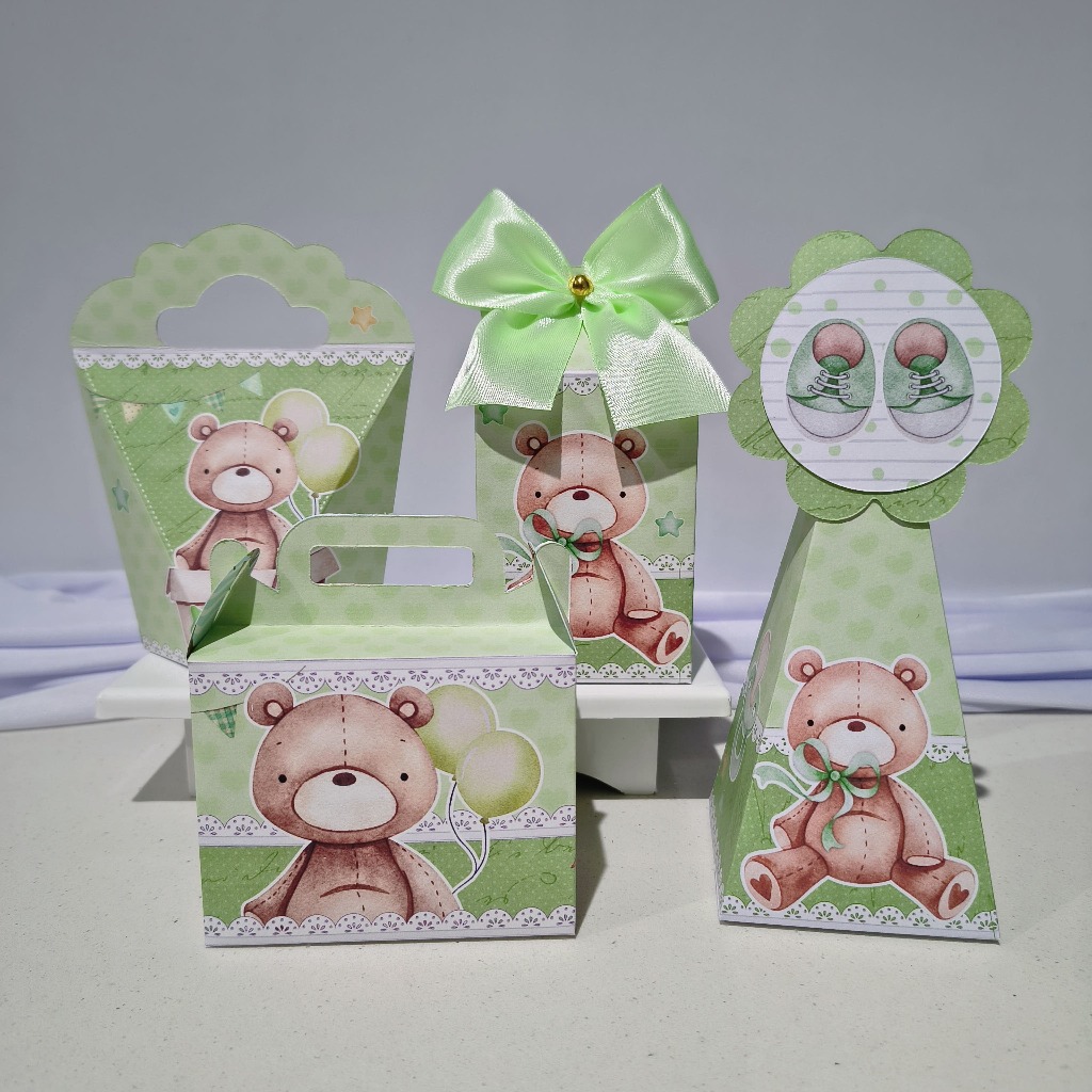 Kit Caixas Personalizadas chá de bebê Ursinho verde para Lembrancinha - Pegue e Monte - chá de fraldas/ chá revelação