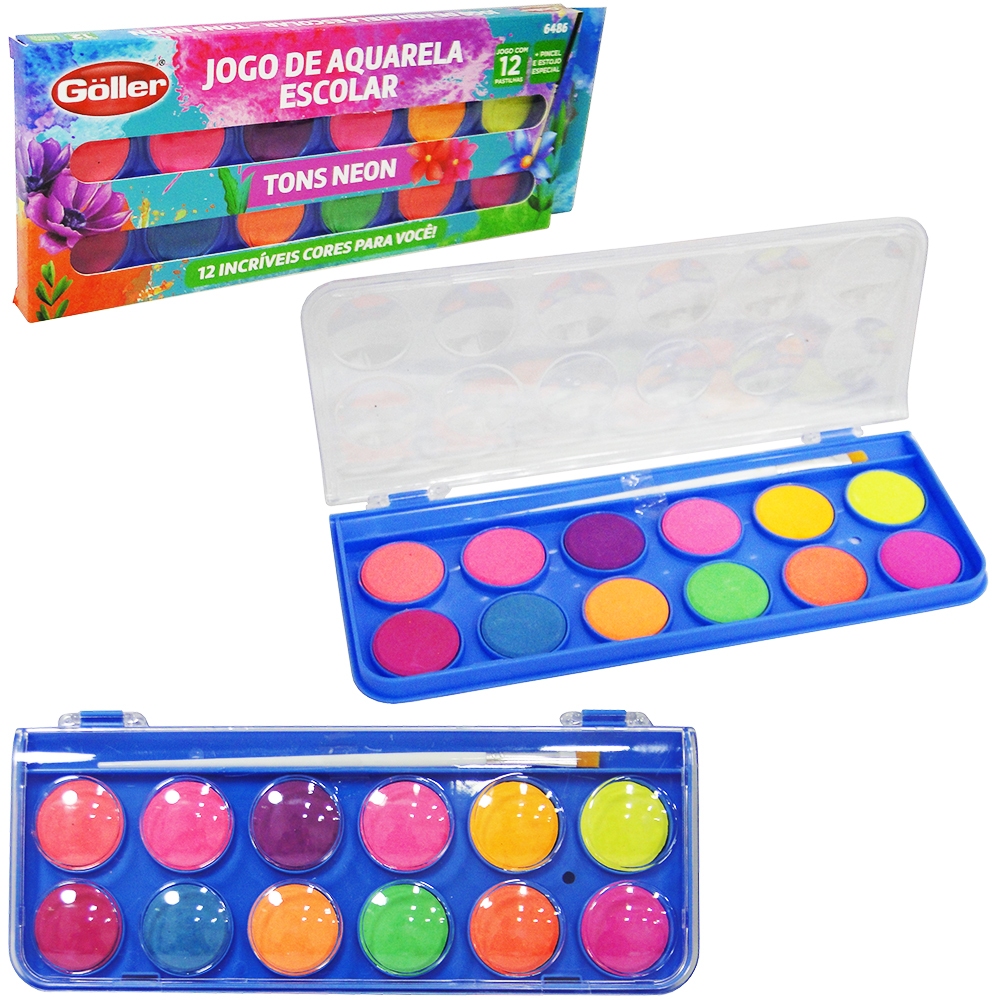 AQUARELA COM 12 CORES TONS NEON + PINCEL E ESTOJO Código 2121008