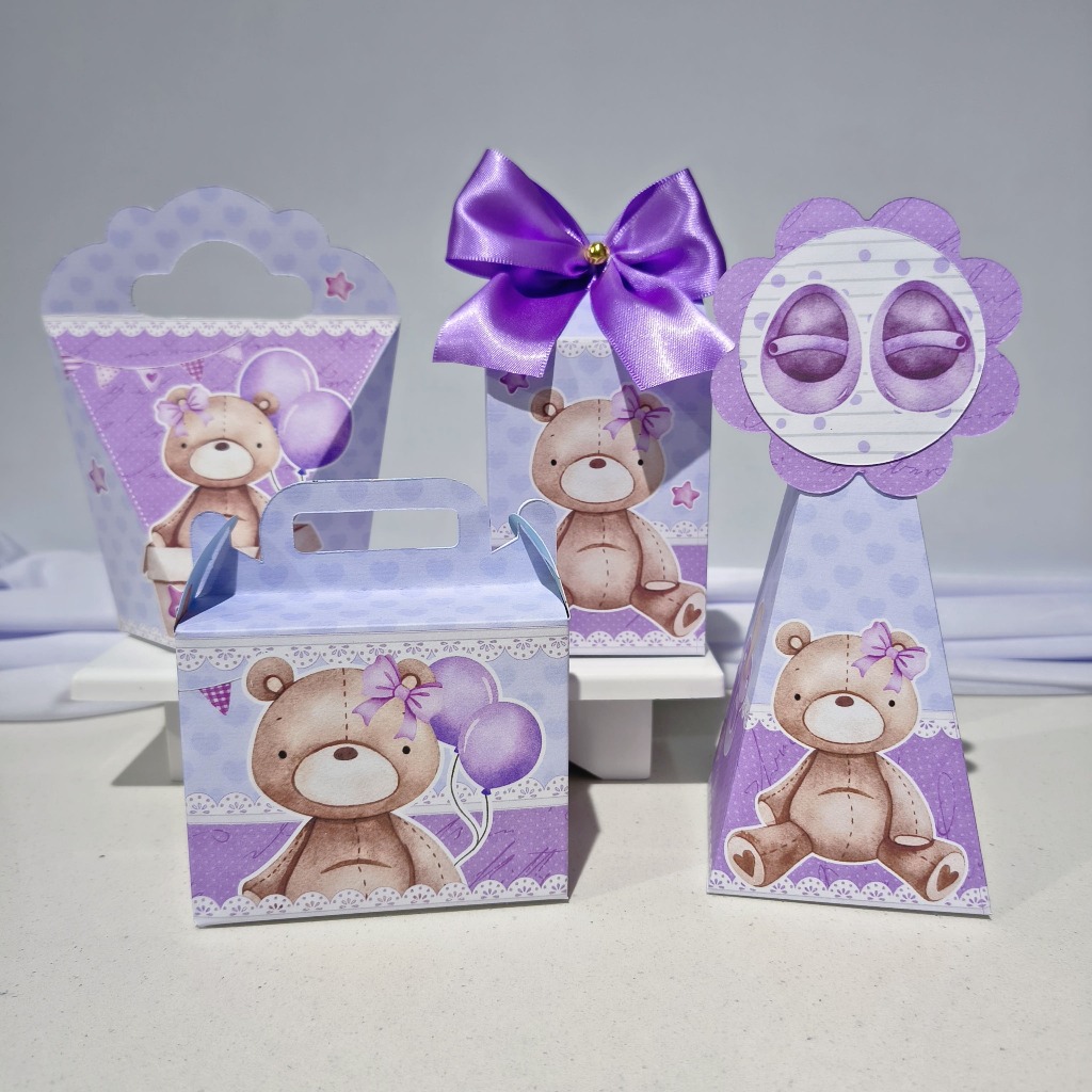 Kit Caixas Personalizadas chá de bebê Ursinha lilás para Lembrancinha - Vai Montada - chá de fraldas/ chá revelação