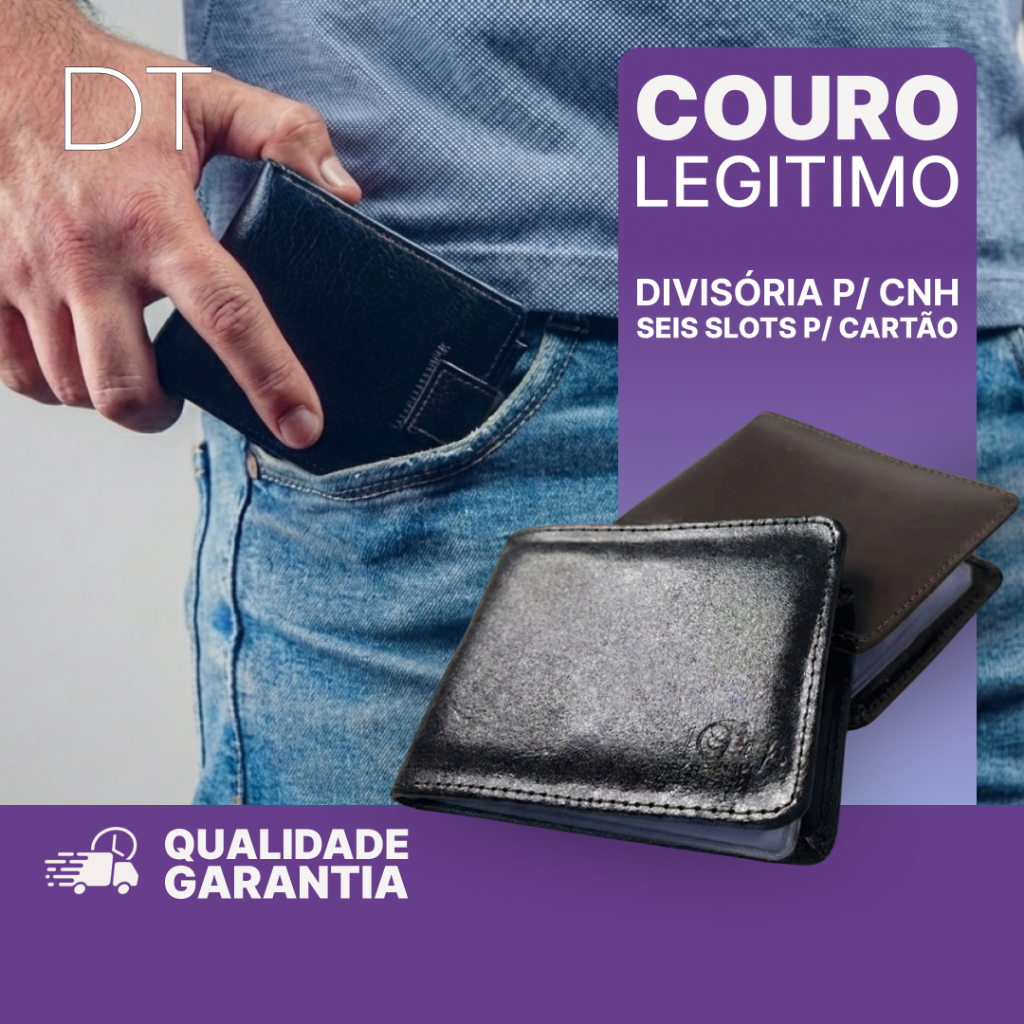 Carteira Masculina de Couro Legítimo Preta e Marrom Slim Modelo l Com Divisória Porta Documento CNH