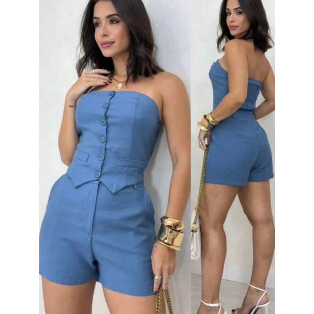Conjunto Social Tomara que Caia e Short Alfaiataria Feminino em Oferta na Shopee