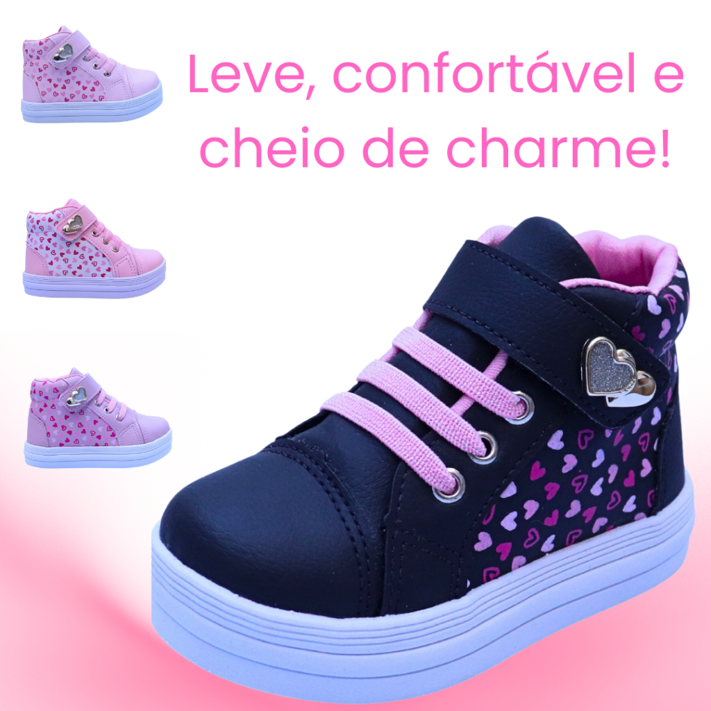 Tênis Infantil Feminino Silk Cano Alto Corações Confortável Antiderrapante