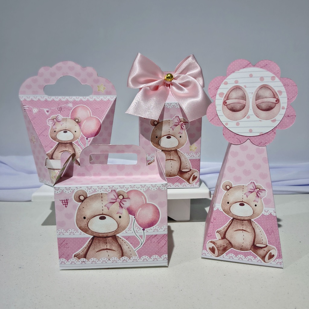 Kit Caixas Personalizadas chá de bebê Ursinha rosa para Lembrancinha - Vai Montada - chá de fraldas/ chá revelação