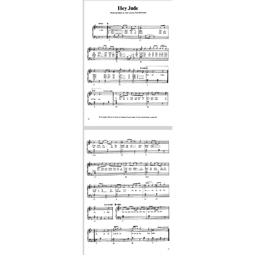 Partitura IMPRESSA EM PAPEL:  HEY JUDE The Beatles PARA PIANO Impressa : 2 paginas