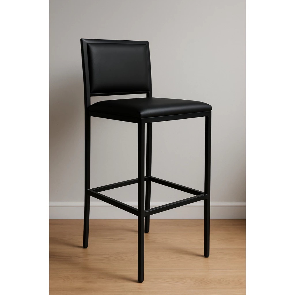 Banqueta Viena Alta Preta 99cm com Encosto e Assento Estofados em Corino