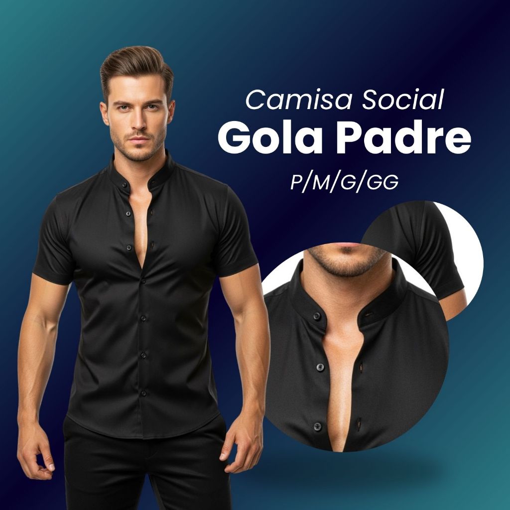 Camisa Social Masculina Gola Padre Camisa Social Masculina Gola Padre Manga Curta Premium Blusa Social Slim Fit