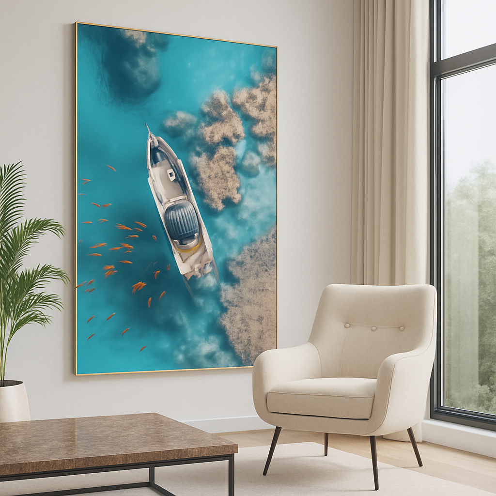 Quadro Decorativo Grande 80x120 cm Com Moldura Premium Para Sala Barco Corais