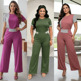 Conjunto Feminino Calça Pantalona e Blusa T-shirt Camiseta Conjunto Malha Canelada em Oferta na Shopee