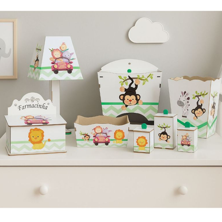 Farmacinha Kit Higiene Adesivado Decorado 8 Peças Safari Baby Decoração Quarto Trocador Bebê em Oferta na Shopee