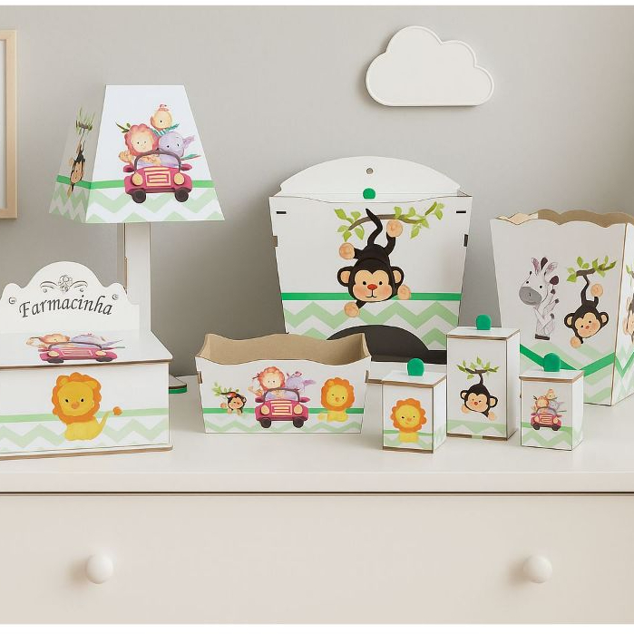 Kit Bebê Higiene MDF Pintado E Adesivado 8 Peças Safari Desmontado Decoração E Organização Quarto