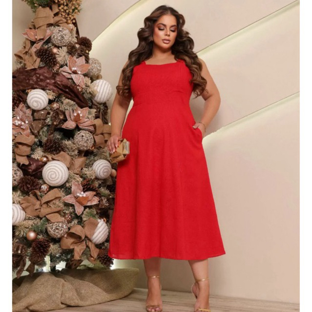 Vestido Feminino Plus Size Midi Elegante Viscose + Linho Festa Social Evangelica Casual Linha Premium Alças Largas