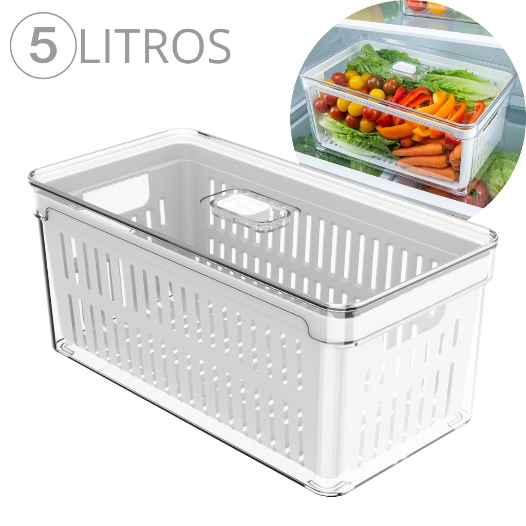 Organizador de Geladeira 5L com Cesto e Tampa Porta Frutas Legumes Vegetais Clear Fresh Ou em Oferta na Shopee