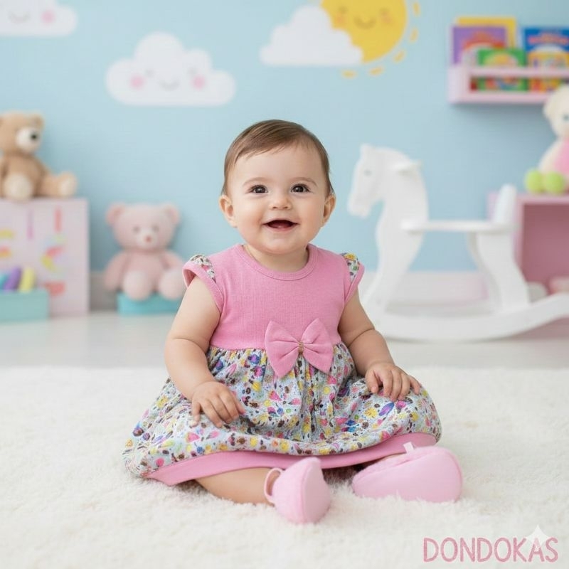 Kit 2 Peças Vestido Infantil Bebe Menina Estampada e Sandalinha Pantufa Roupa de Bebe Vestido