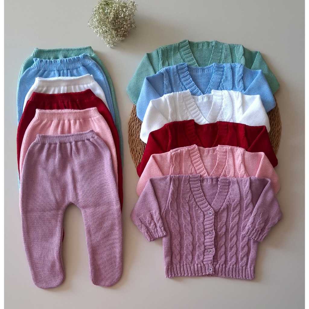 Conjunto Tricot Tranças  Cardigan + Calça para Bebê Recém Nascido Menino Menina