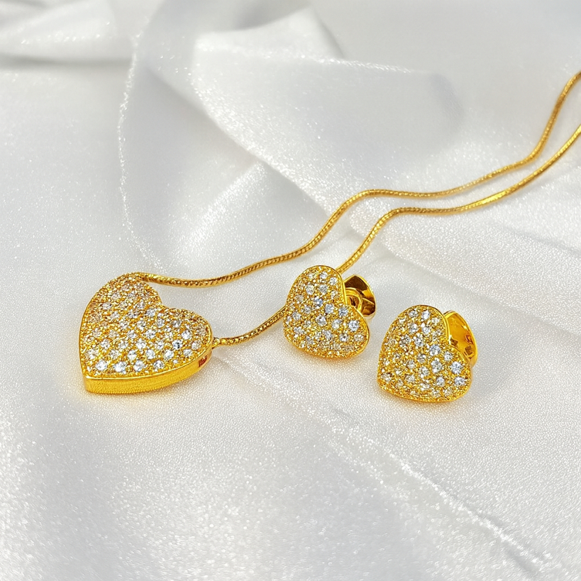 Kit Colar Feminino Brinco De Zircônia Conjunto Folheado a Platina Coração Zircônia Cravejada