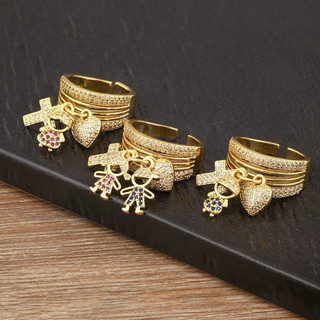 Anel de filhos cravejado casal menino menina dois meninos duas meninas ajustável banhado a ouro 18k a prata 925