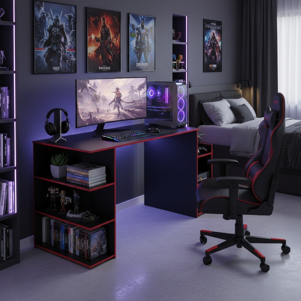 Mesa Gamer 108cm Tampo Amplo para Setup PC Computador Escrivaninha Estudo Home Office Varias Cores