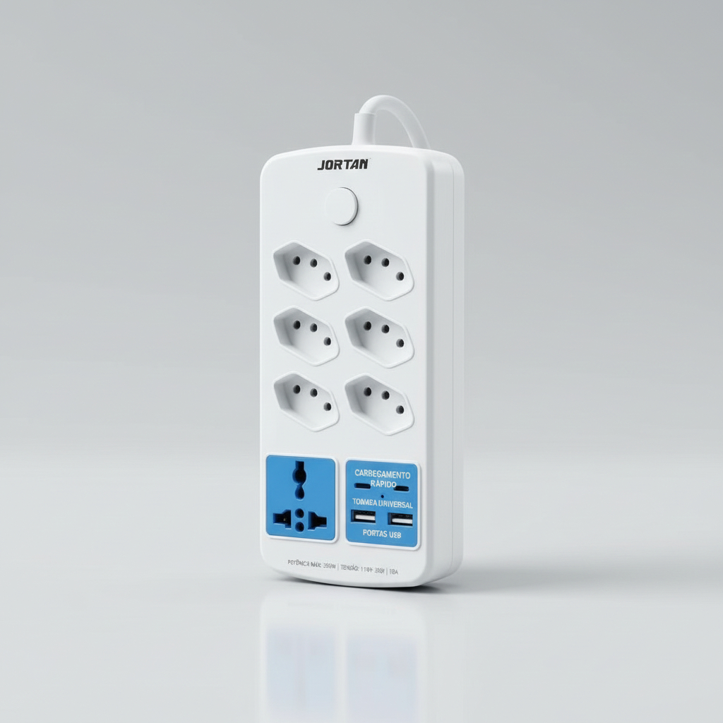 Extensão régua de Tomada 6 Entradas + USB e Type-C | 2500W | Com Proteção Contra Sobrecarga