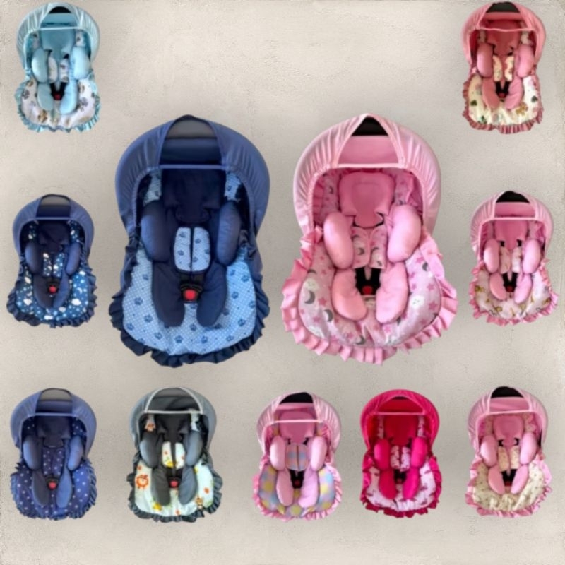 Kit Bebê Conforto Estampado com Babado 5 peças Capa Redutor Corpo Capota Protetor de Cinto