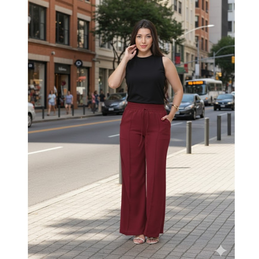 Calça Pantalona  Femenina Tecido Duna Premium Cintura Alta Com Elastico e Bolso Especial Para Paseos