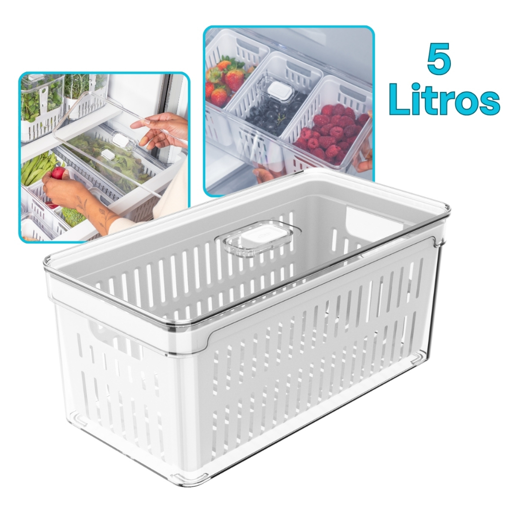 Organizador de Geladeira 5L com Cesto e Tampa Porta Frutas Legumes Vegetais Clear Fresh Ou