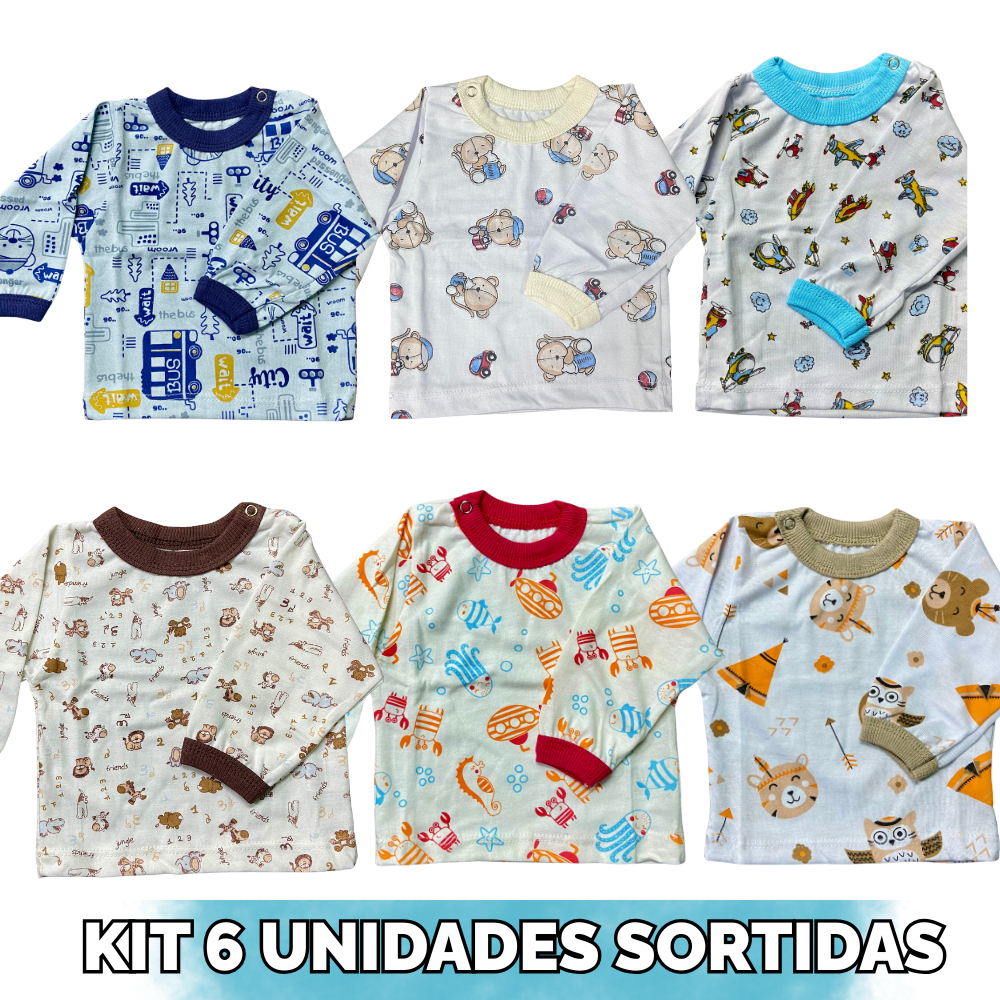 KIT 6 CAMISETAS MANGA LONGA  ESTAMPADA MASCULINA SORTIDA P/M/G - INCRIVEIS BABY