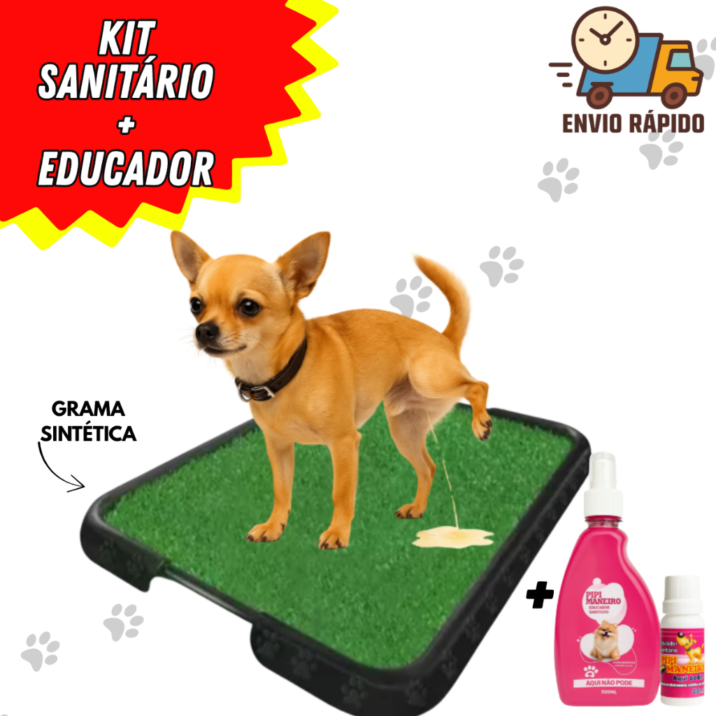 Sanitário Canino Xixi Pet + Educador Xixi Sim Xixi Não - Tapete Higiênico Grama Sintética Lavável