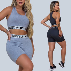 Kit 2 Conjuntos Academia Top e Short Elástico Exposto CIntura Alta