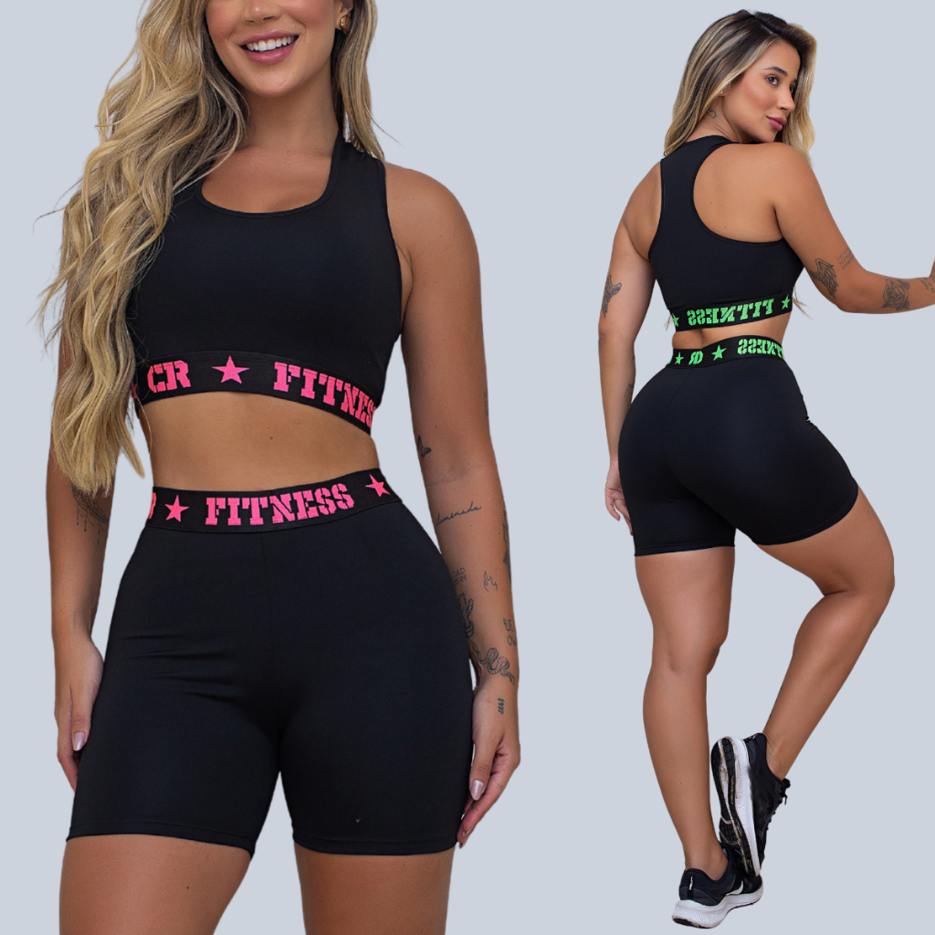 Kit 2 Conjuntos Academia Top e Short Elástico Exposto CIntura Alta — imagem 2 de 2